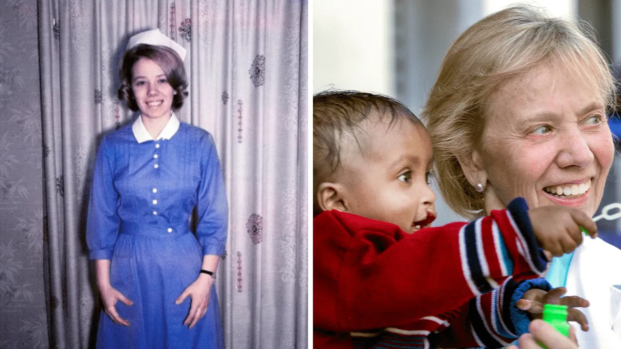 On the left, Kathy Magee dressed in her nursing uniform soon after she began her career, on the right, Kathy smiles with an Operation Smile patient.