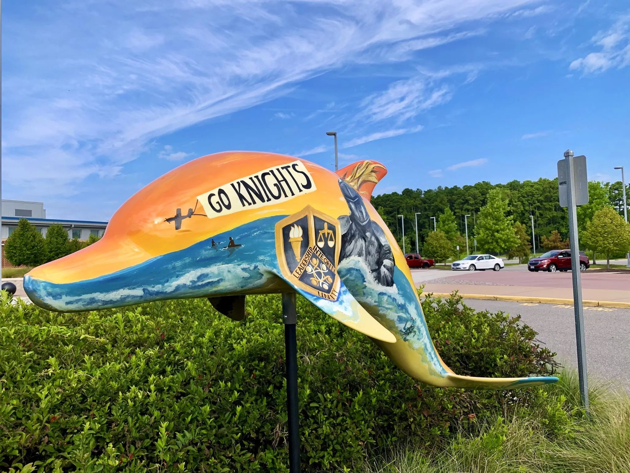 A painted dolphin on display in Virginia Beach, Virginia.