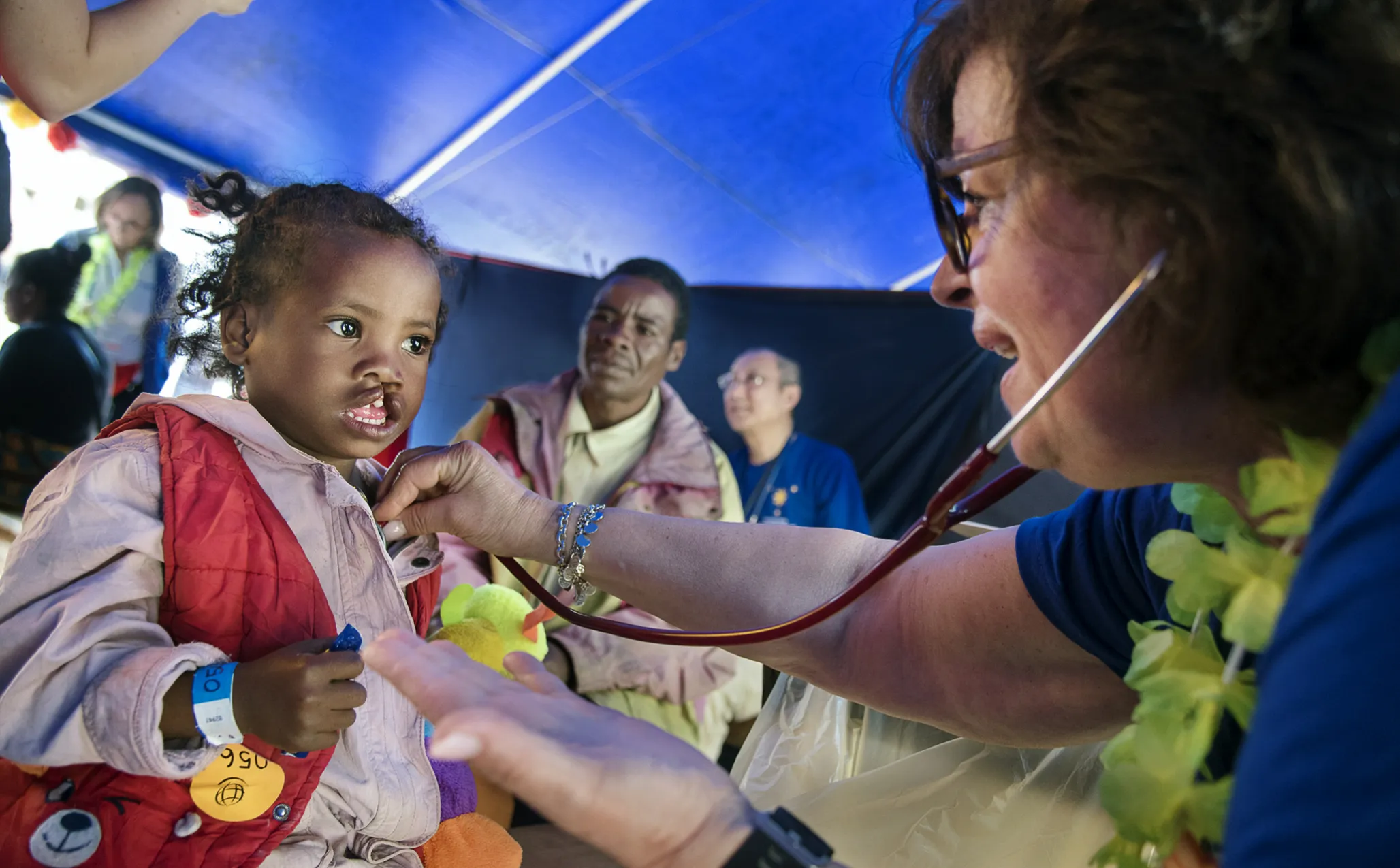 Anesthesiologist Dr. Laura Bertini of Italy checks the vital signs of 4-year-old Brunel. This information provides a baseline of knowledge for anesthesiologists to make sure that a patient is healthy enough to be put under anesthesia. It can also reveal underlying conditions that would make surgery unsafe to perform during the program.